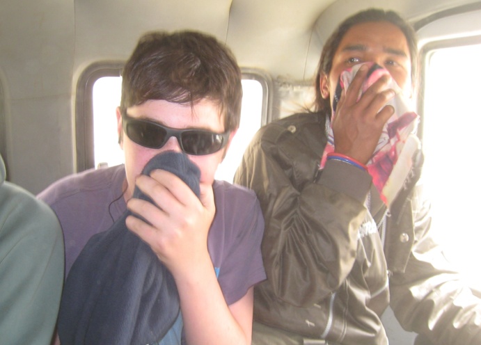 In the dusty jeep